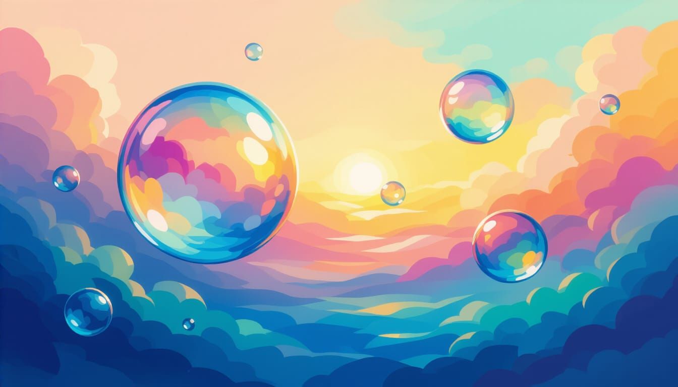 Dreamscape of Floating Glass Bubbles: Gouache Watercolor Mas...