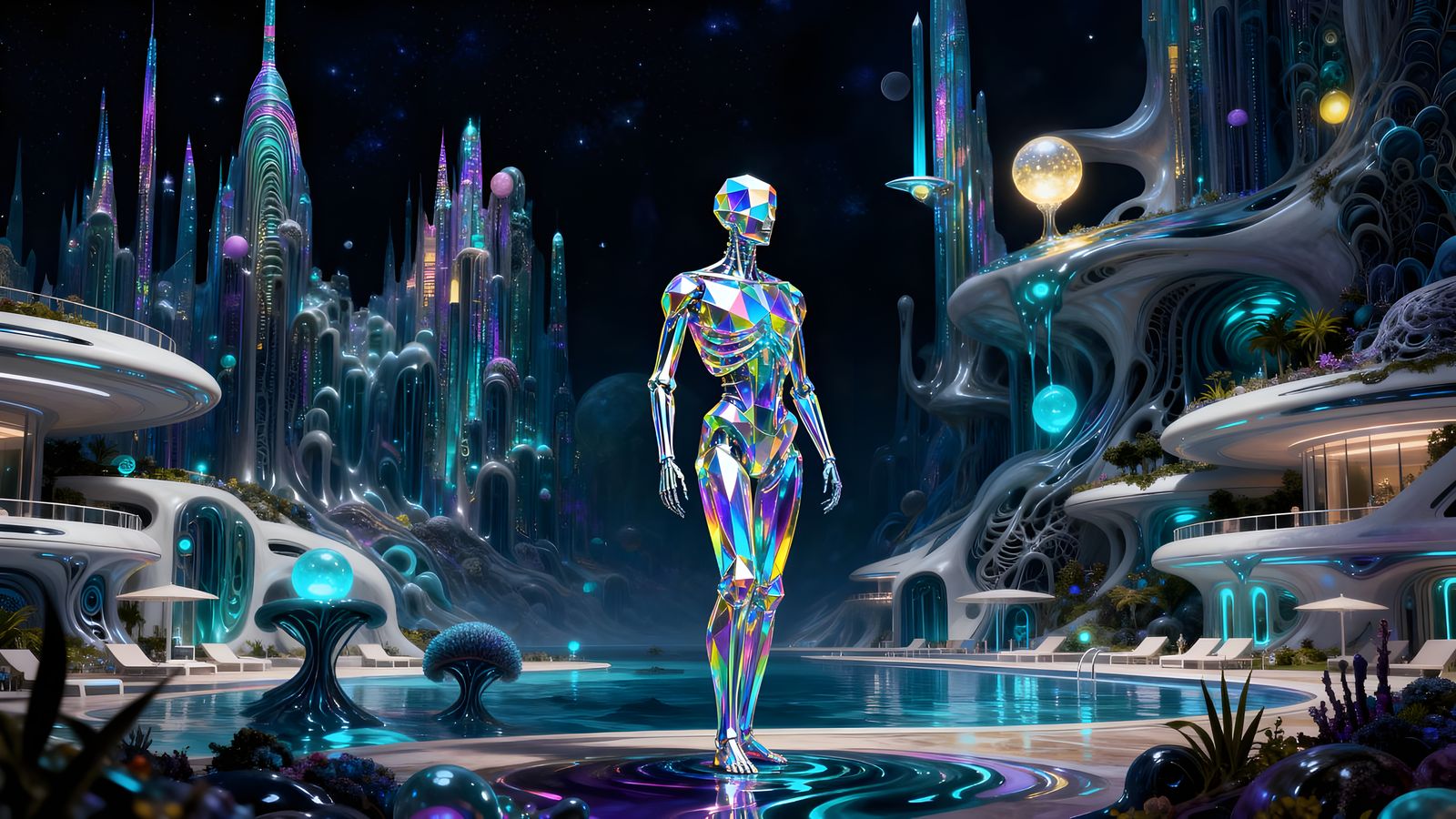 Prismatic Cyborg Woman in Futuristic Resort