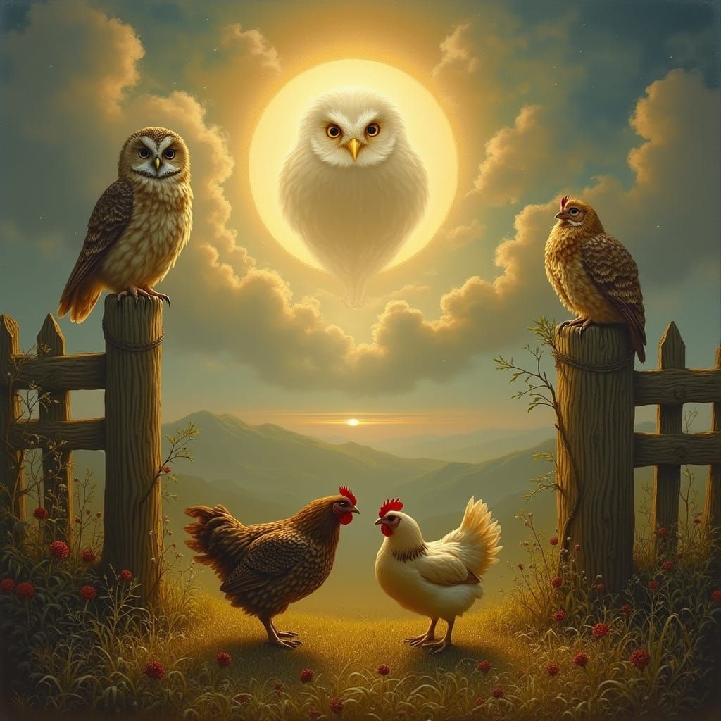 Mystical Scene with Owl, Hen, and Pantocrator in Dreamlike L...