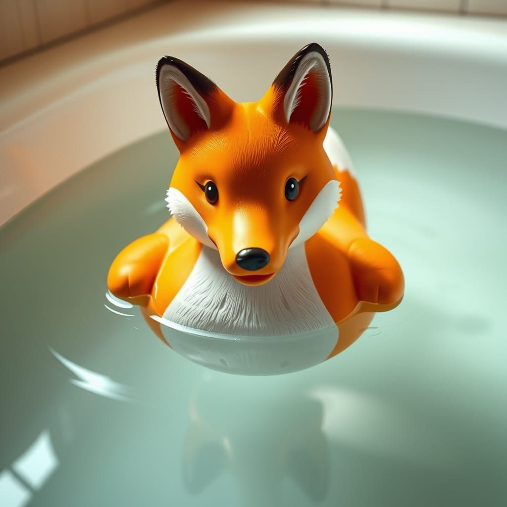 Hyperrealistic Fox Rubber Duck in Bathroom Setting