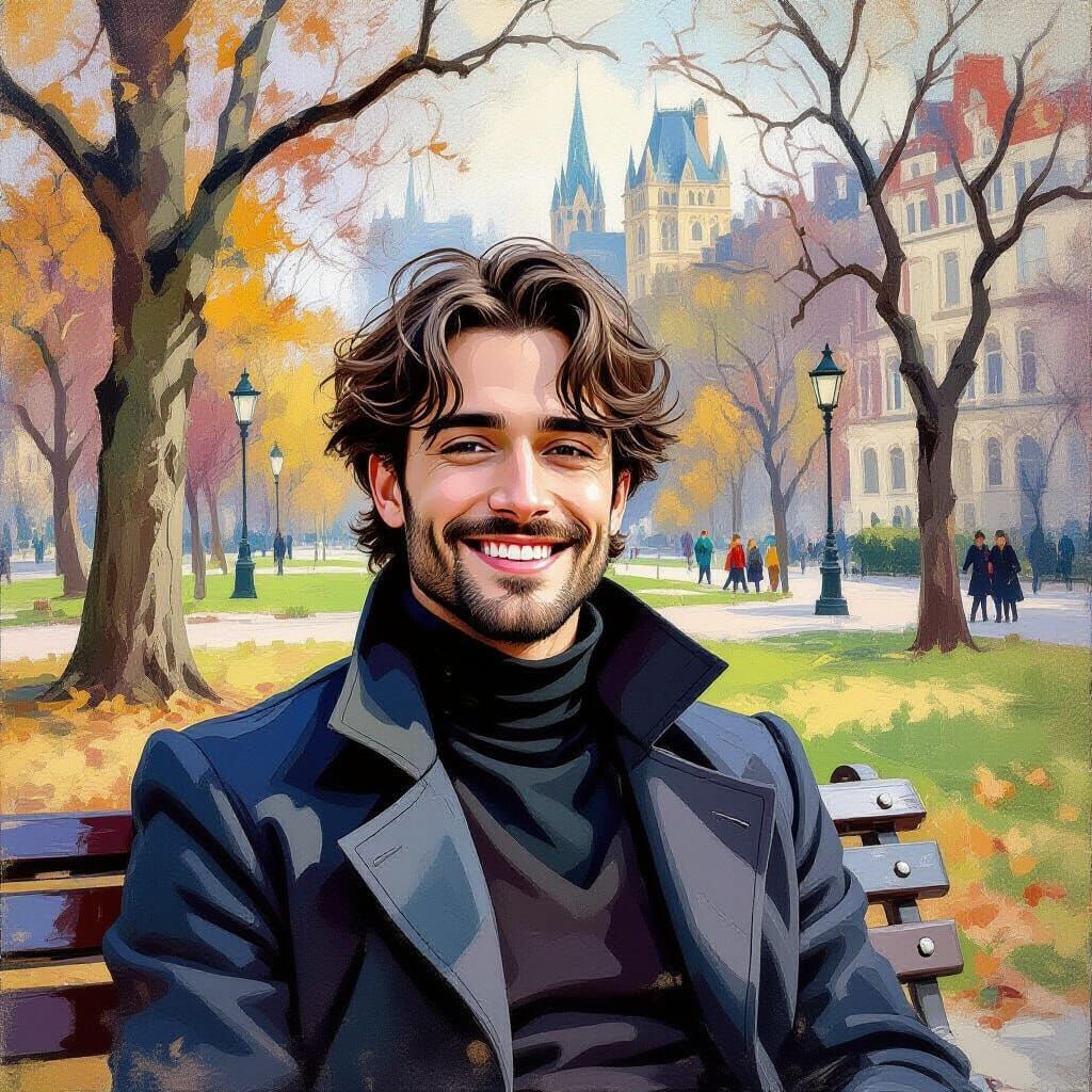 Gothic Man Smiles in Park - Gouache Watercolor Masterpiece