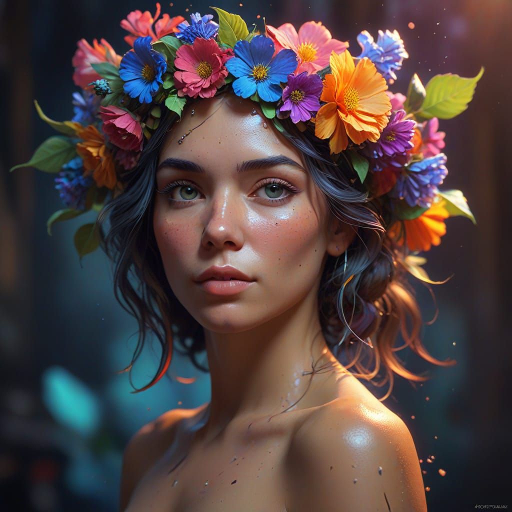 Floral Crowned Girl Portrait in Art Nouveau Style