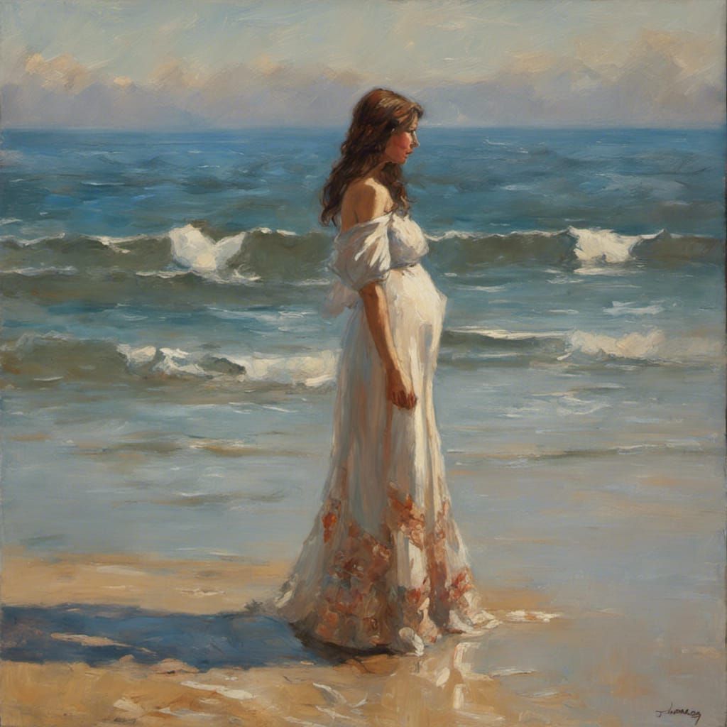 Pregnant Woman at Lake Horizon: Oil Painting
