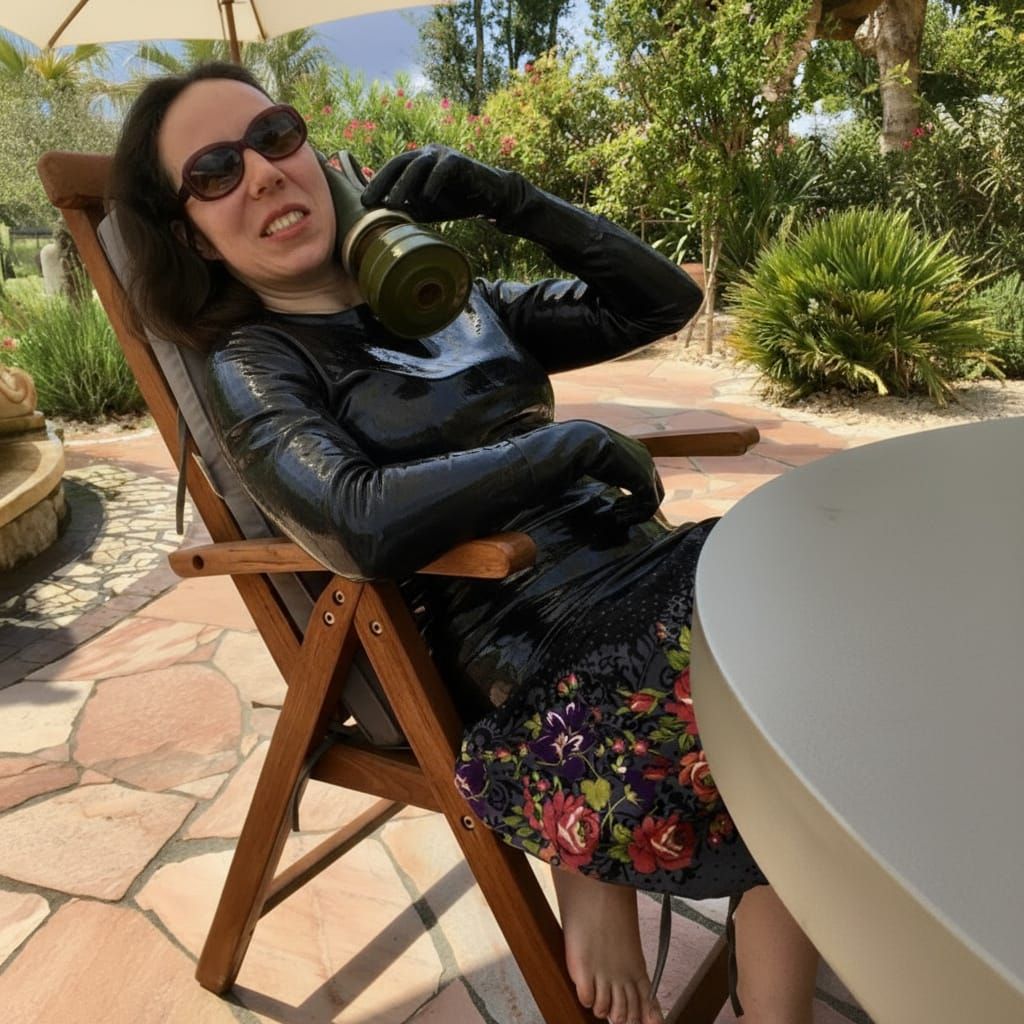 Woman in Rubber Clothes with Gasmask Disgust