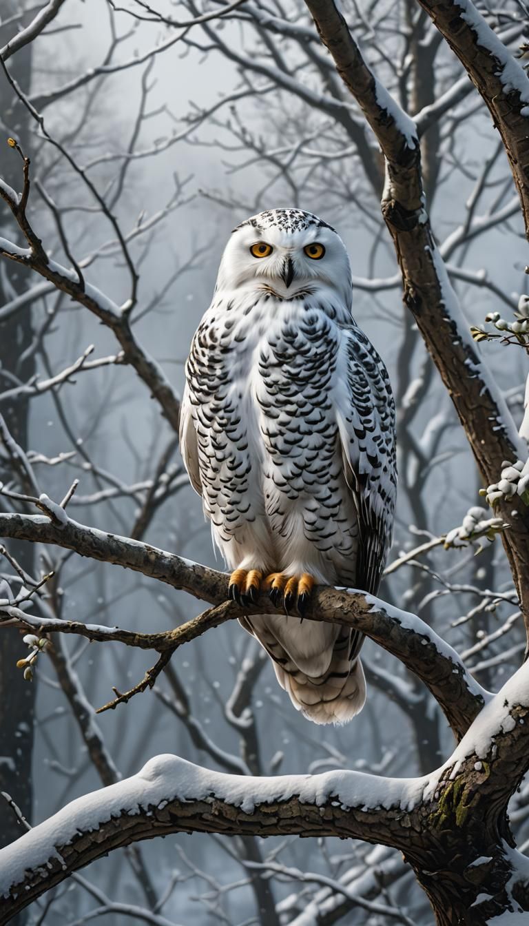 Snowy Owl on Branch: Detailed Matte Painting