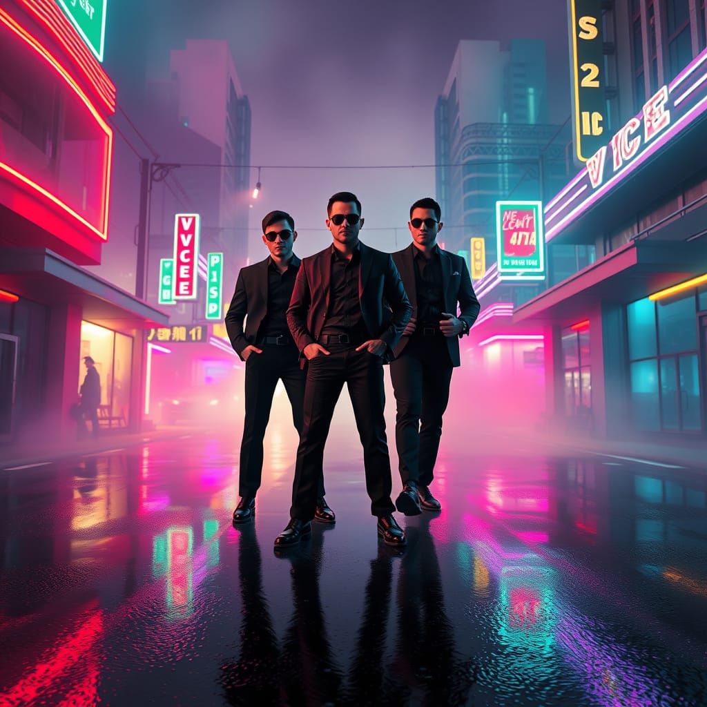 Men in Black in Neon-Lit, Futuristic Vice City
