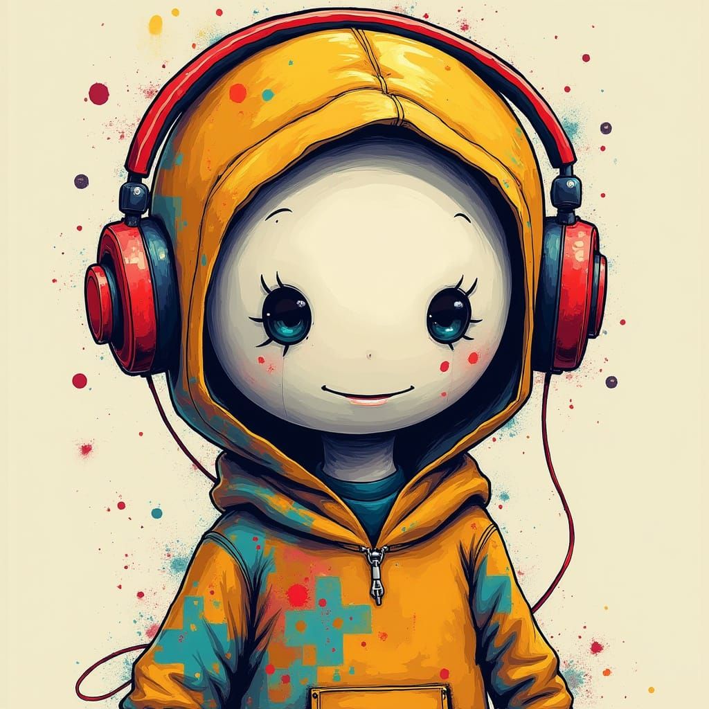 Abstract Cartoon Character with Hoodie and Headphones