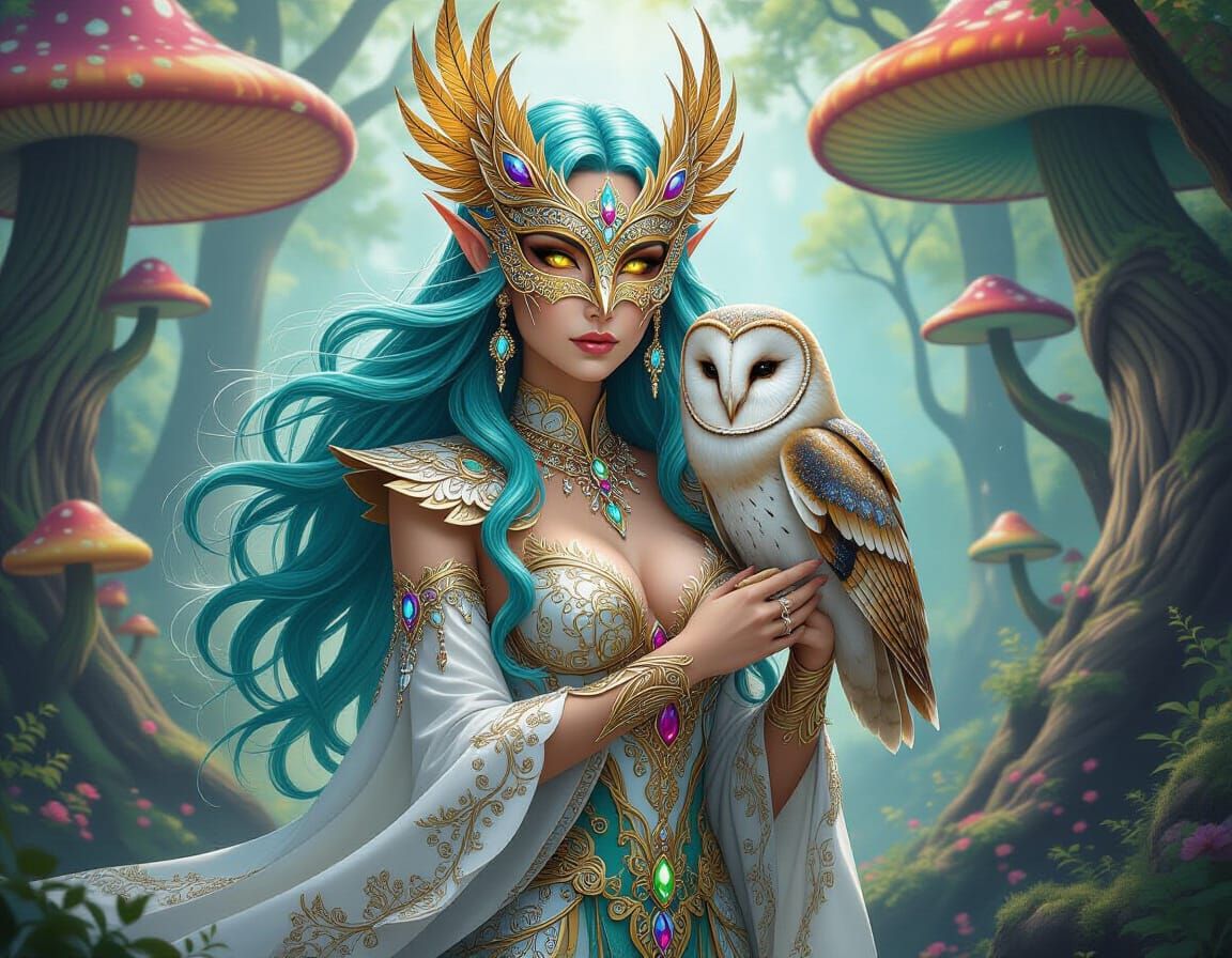 Majestic Fairy Woman with Owl Mask in Fantasy Forest