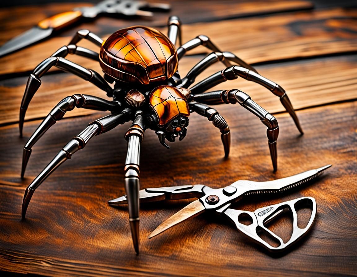 Burnished Copper Mecha-Spider on Pine Table