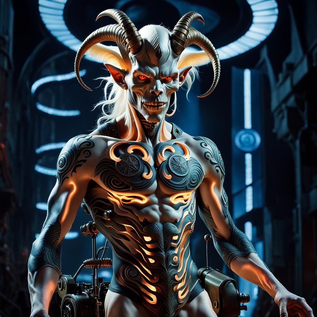 Albino Devil Biomechanical Fusion in Apocalyptic Wasteland