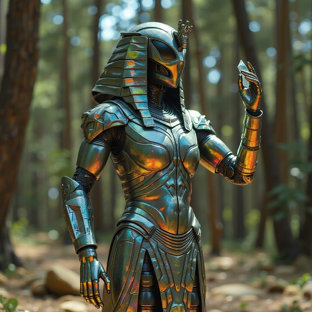 Ancient Mecha Pharaoh in Forest Clearing