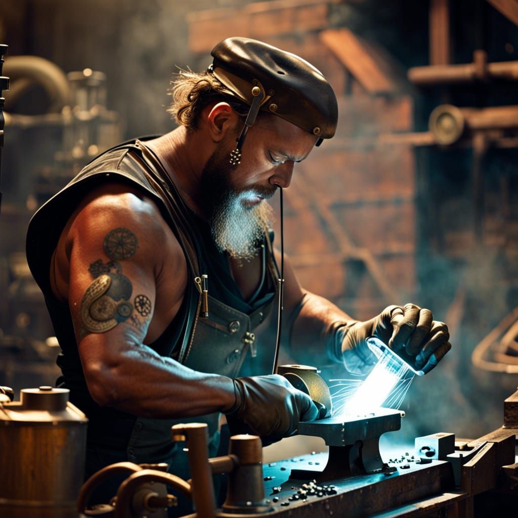 Steampunk Craftsman at Anvil with Engine