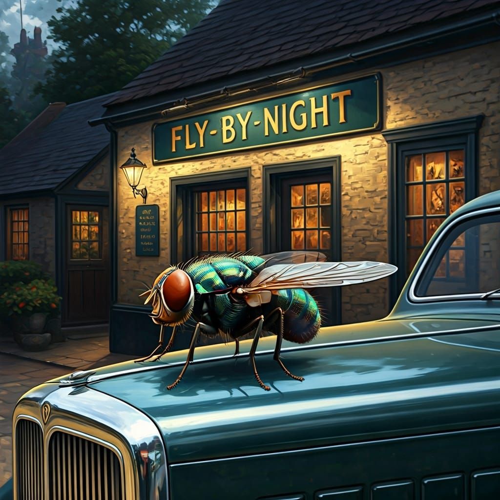 Iridescent Fly Outside Rustic English Pub, Oil Painting