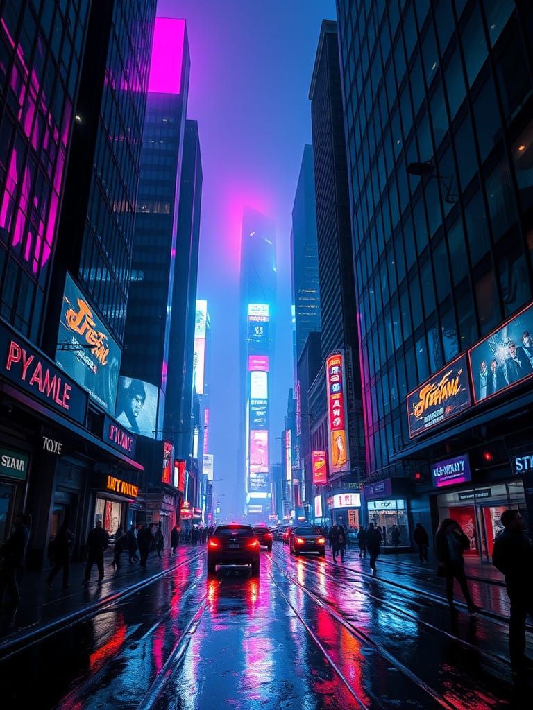 Cyberpunk Cityscape at Dusk with Neon Lights and Rain