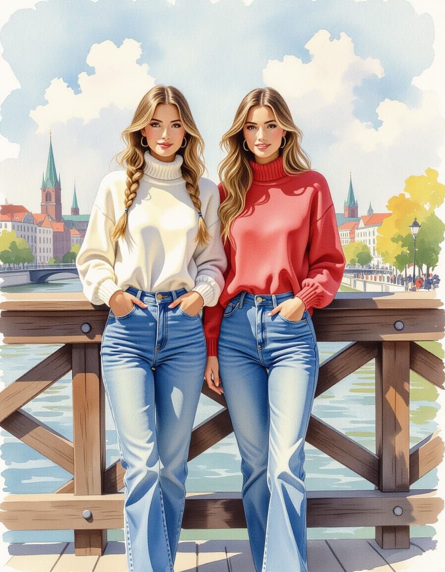 Impressionist Watercolor of Twin Sisters on Bridge
