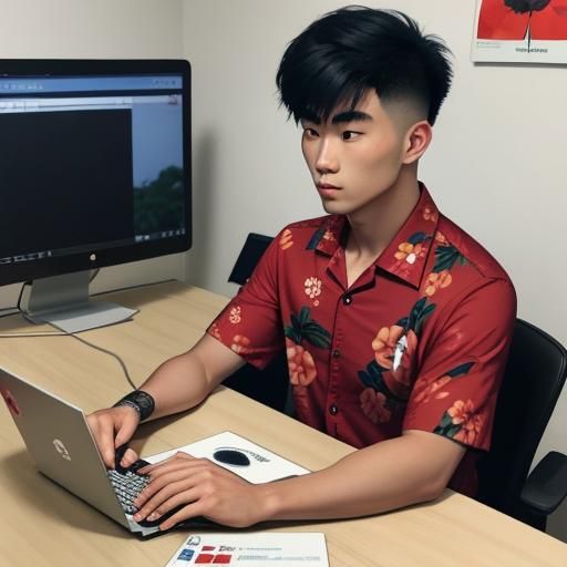 Man Playing Computer Games Wearing Hawaiian Shirt