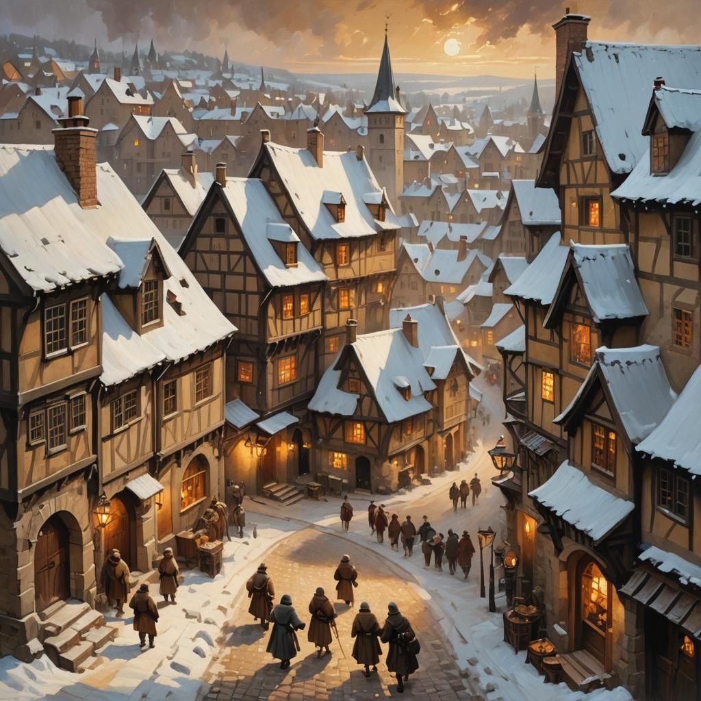Cozy Medieval Town in Winter as Oil Painting