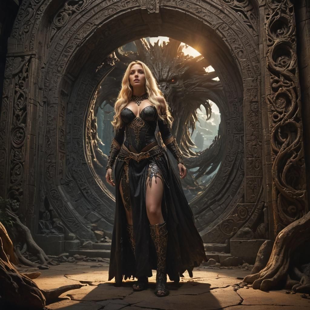 Prehistoric Beauty at Interdimensional Gate, Dark Fantasy Ar...