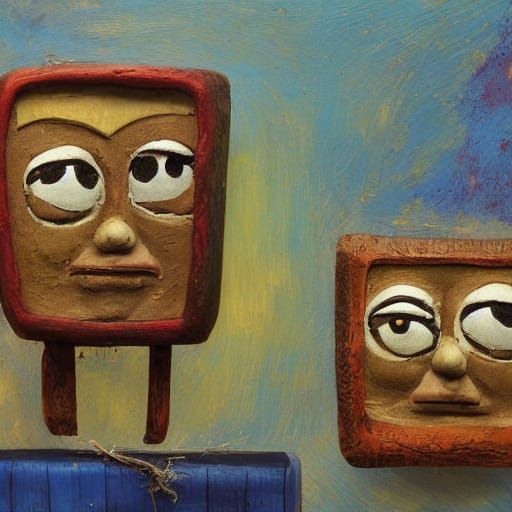 Surrealist Objects with Faces in Impasto Oil Painting Style