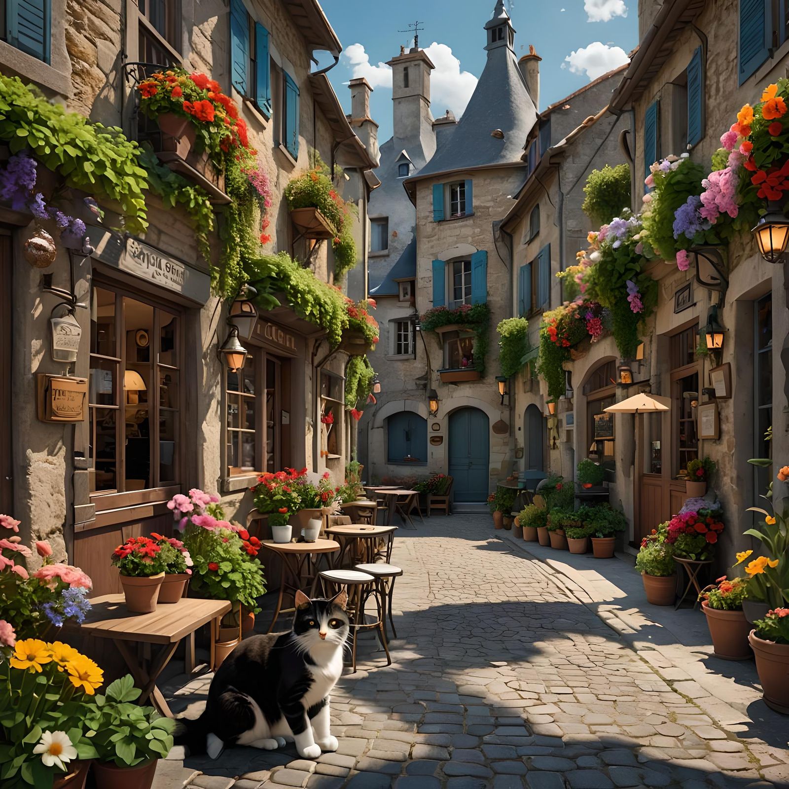 French Village Cafe with Cat and Flowers