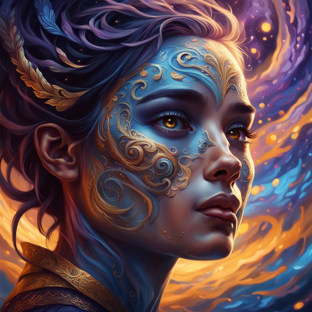 Fantasy World Reflecting in Human Face as Oil Painting