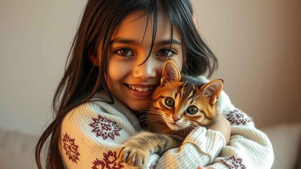 A Young Indonesian Girl Cuddles Her Tabby Cat in Warm, Golde...