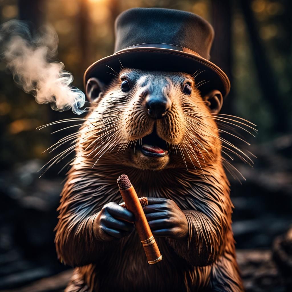 Hyperrealistic Beaver Smoking Cigar in Sharp Focus