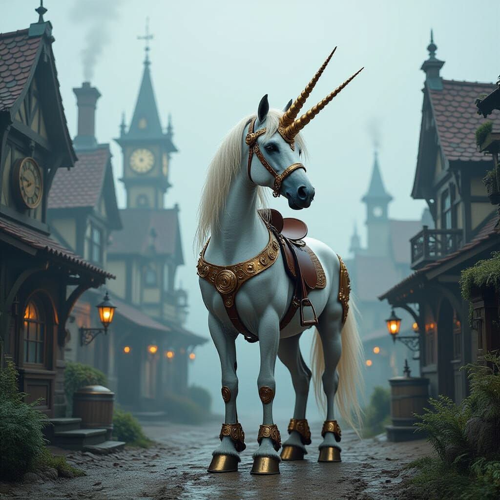 Steampunk Unicorn in Misty Clockwork Village