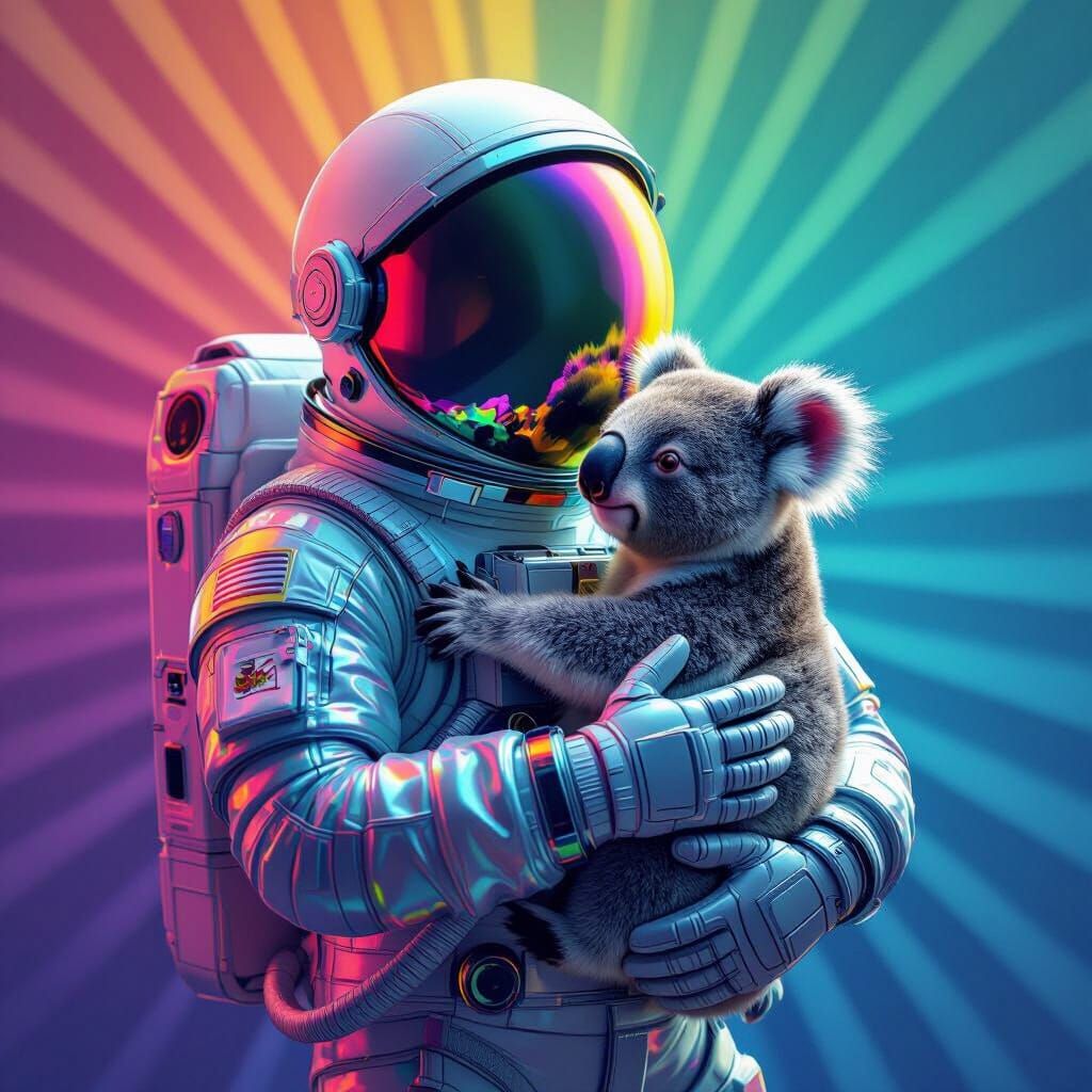 Rainbow Astronaut Holding Koala in Vivid 3D Art
