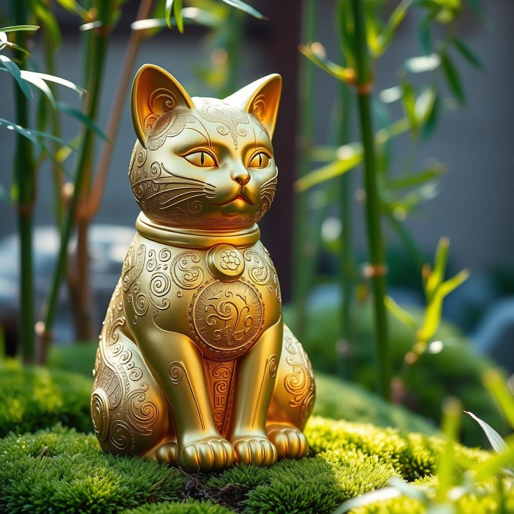 Golden Cat Statue in Zen Garden: Asian Art