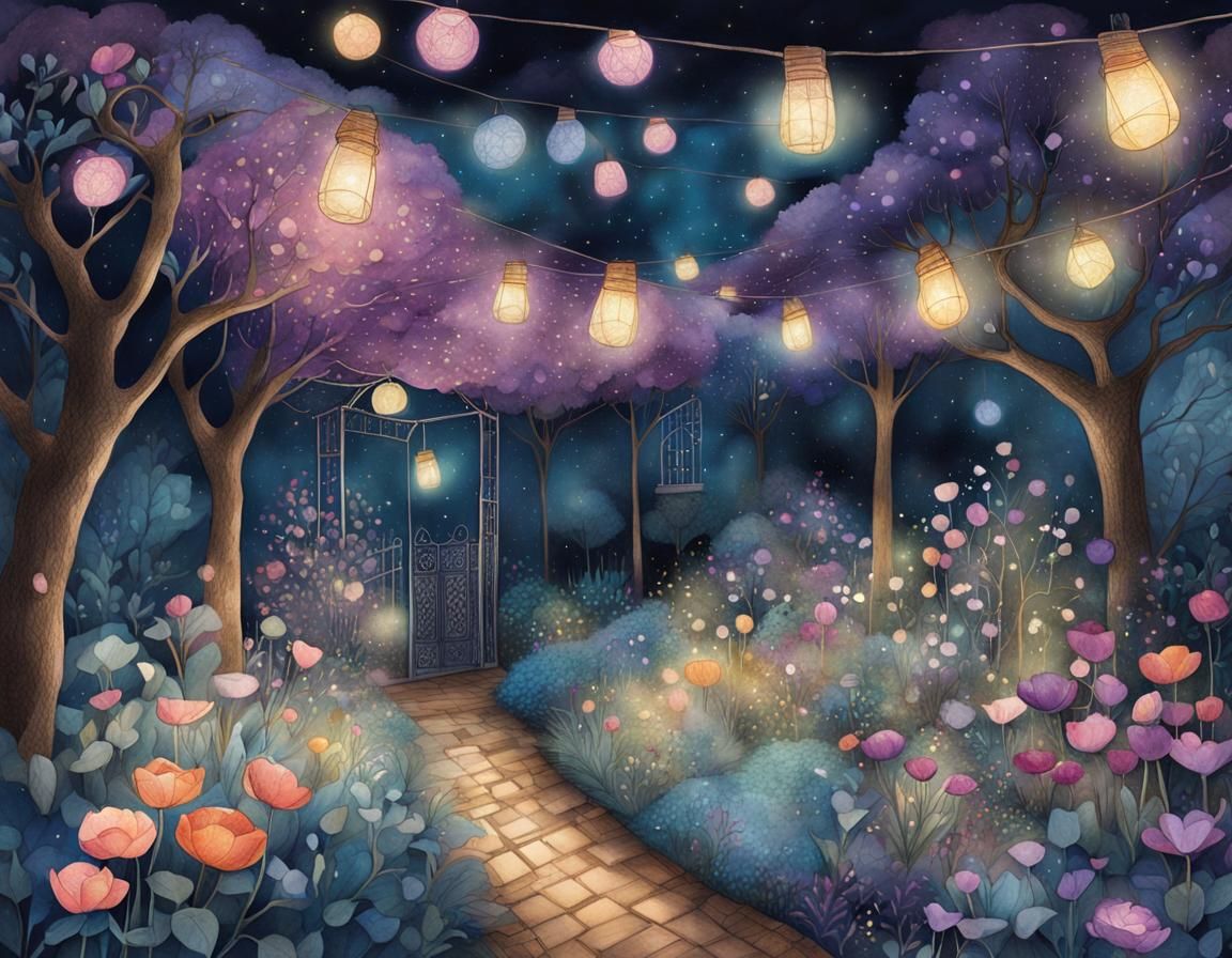 Dreamlike Garden at Night in Whimsical Illustration