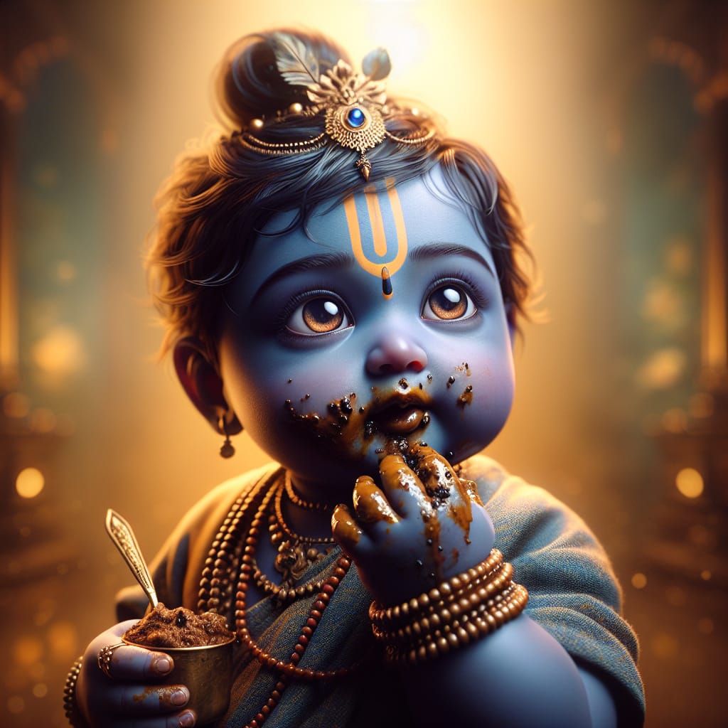 Divine Blue Baby Krishna Eating Mud in Golden Light