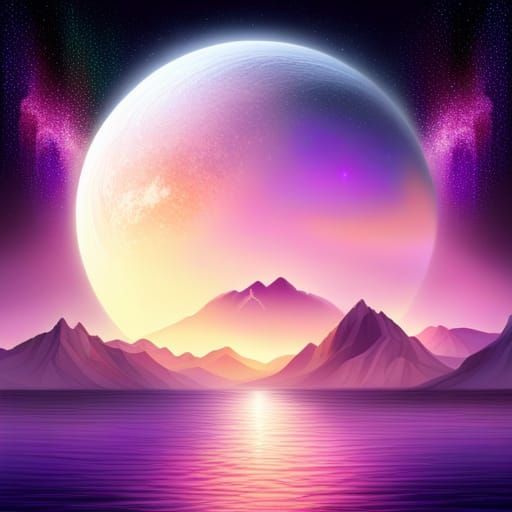 Fantasy Landscape with Purple Moon and Aurora Lights