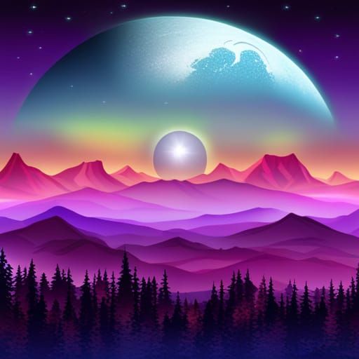 A beautiful elegant fantasy artwork of A beautiful Fantasy landscape with a large luminous sparkling purple moon above a...