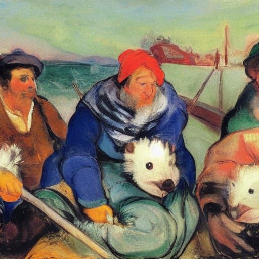 Hedgehogs as Brave Fishermen in Expressive Brushwork