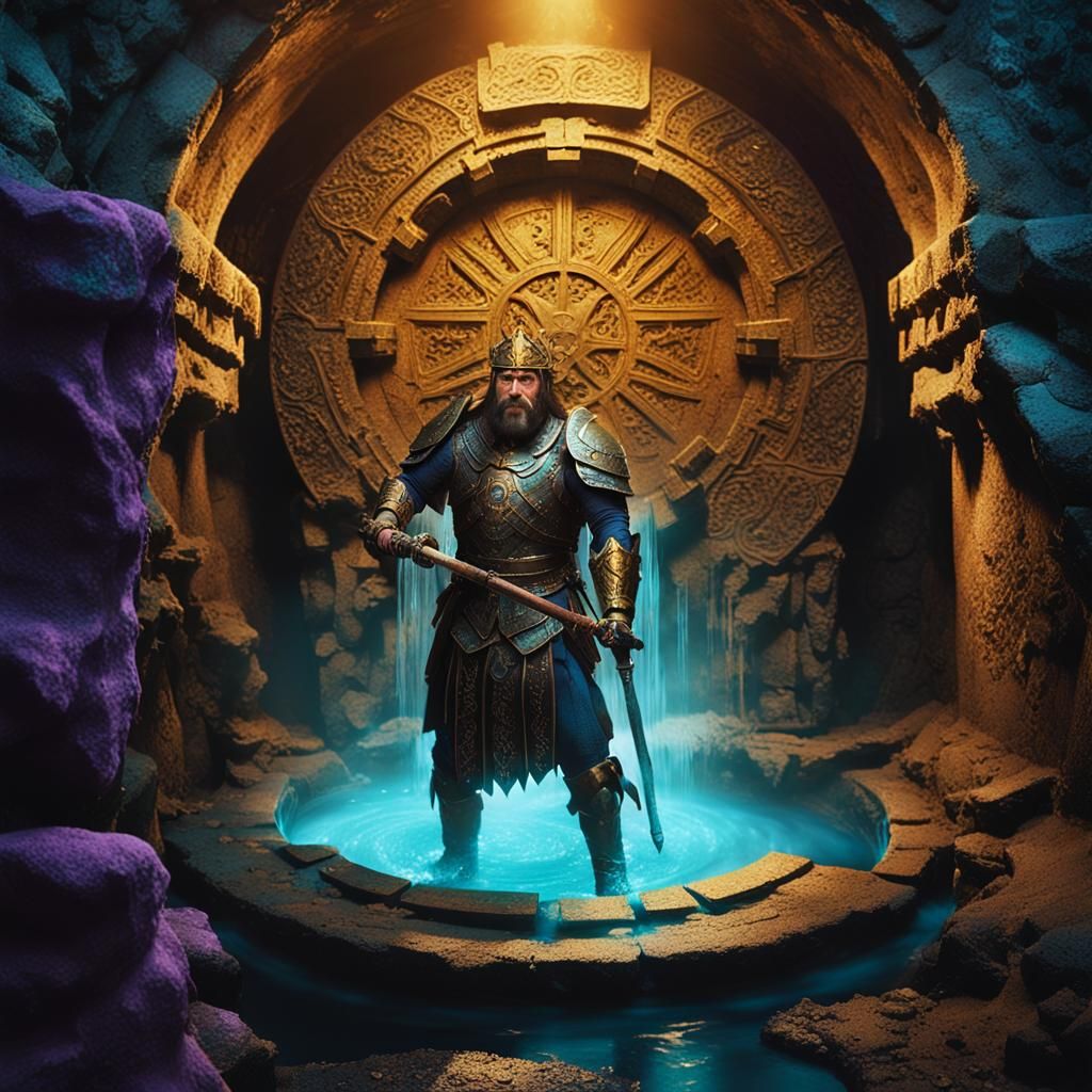 Mystical Underground Chamber with Ornate Armor, Fantasy Art