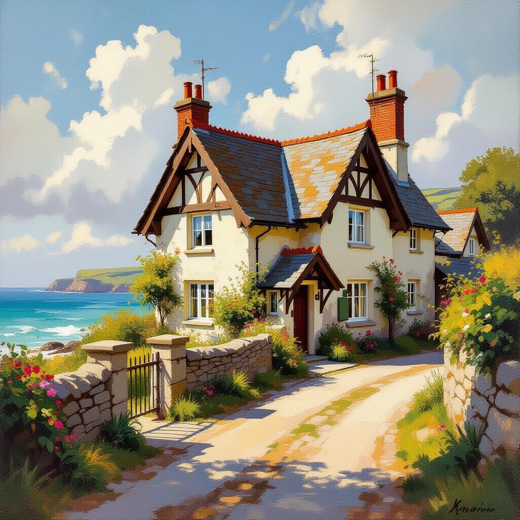 Majestic Cornish Cottage Oil Painting on Sunny Coast