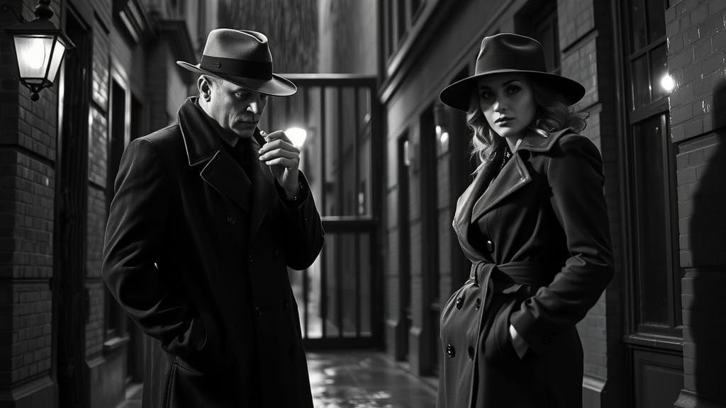 Film Noir: Investigator and Woman in Rainy Alley