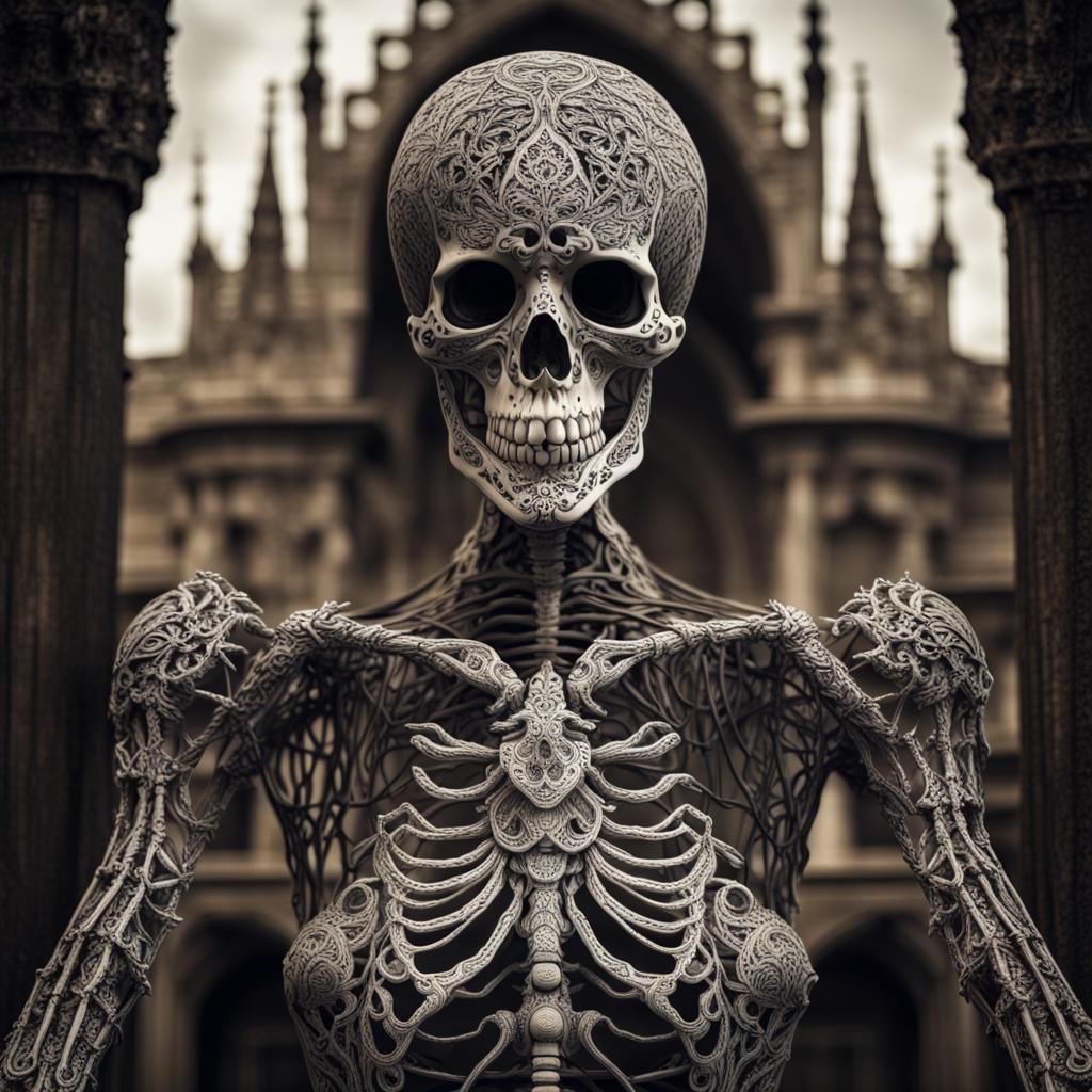 Intricate Lace Skeleton Art, Hyperrealistic Detail