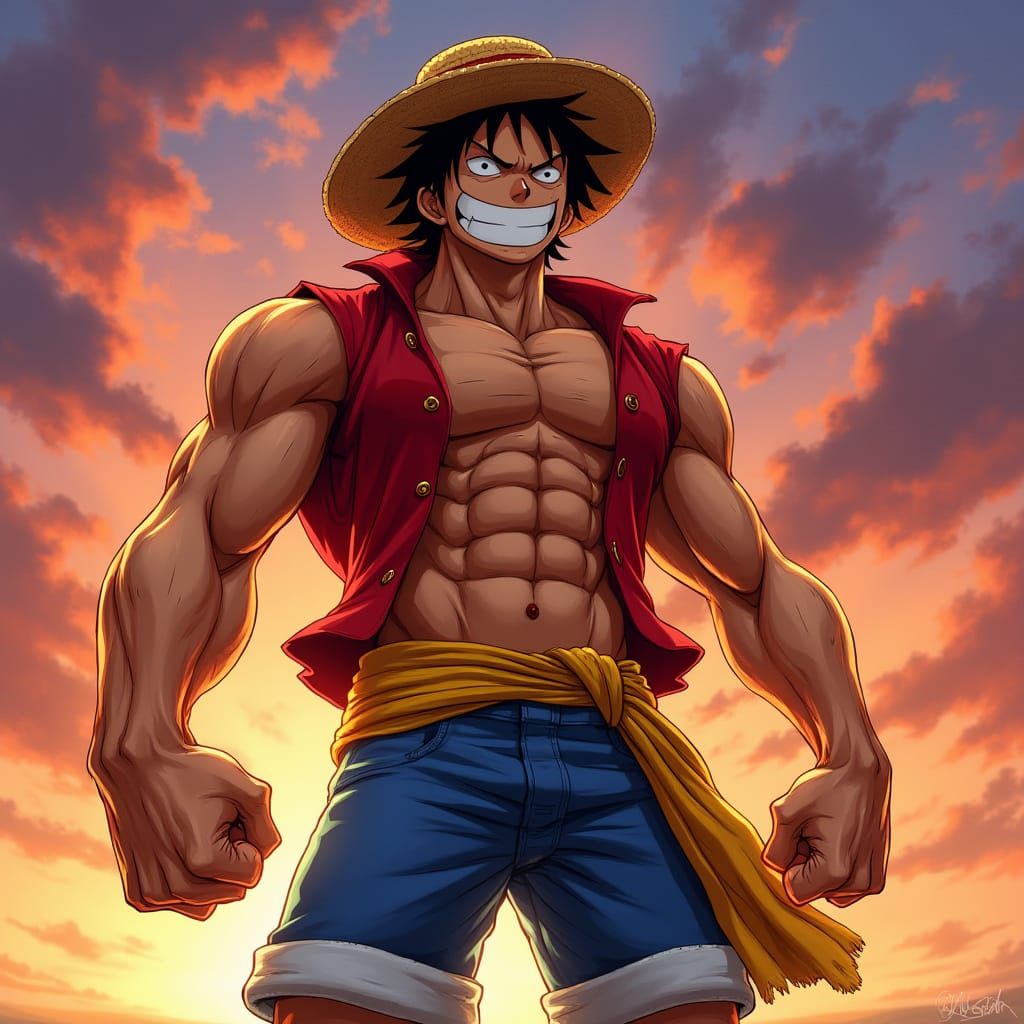 Ultra-Muscular Luffy with Exaggerated Build and Sunset Sky