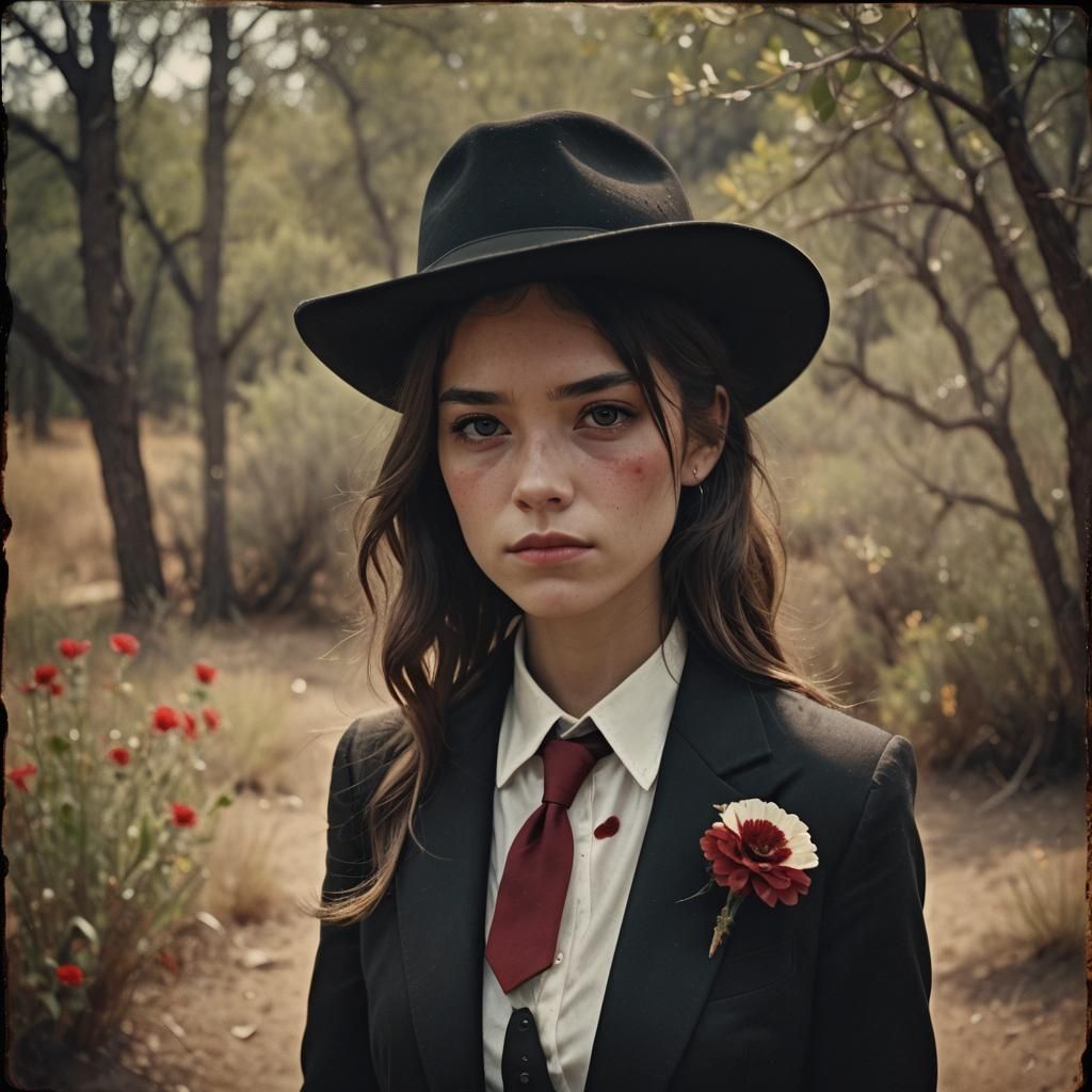 Girl in Black Suit with Red Eyes, Cinematic Style