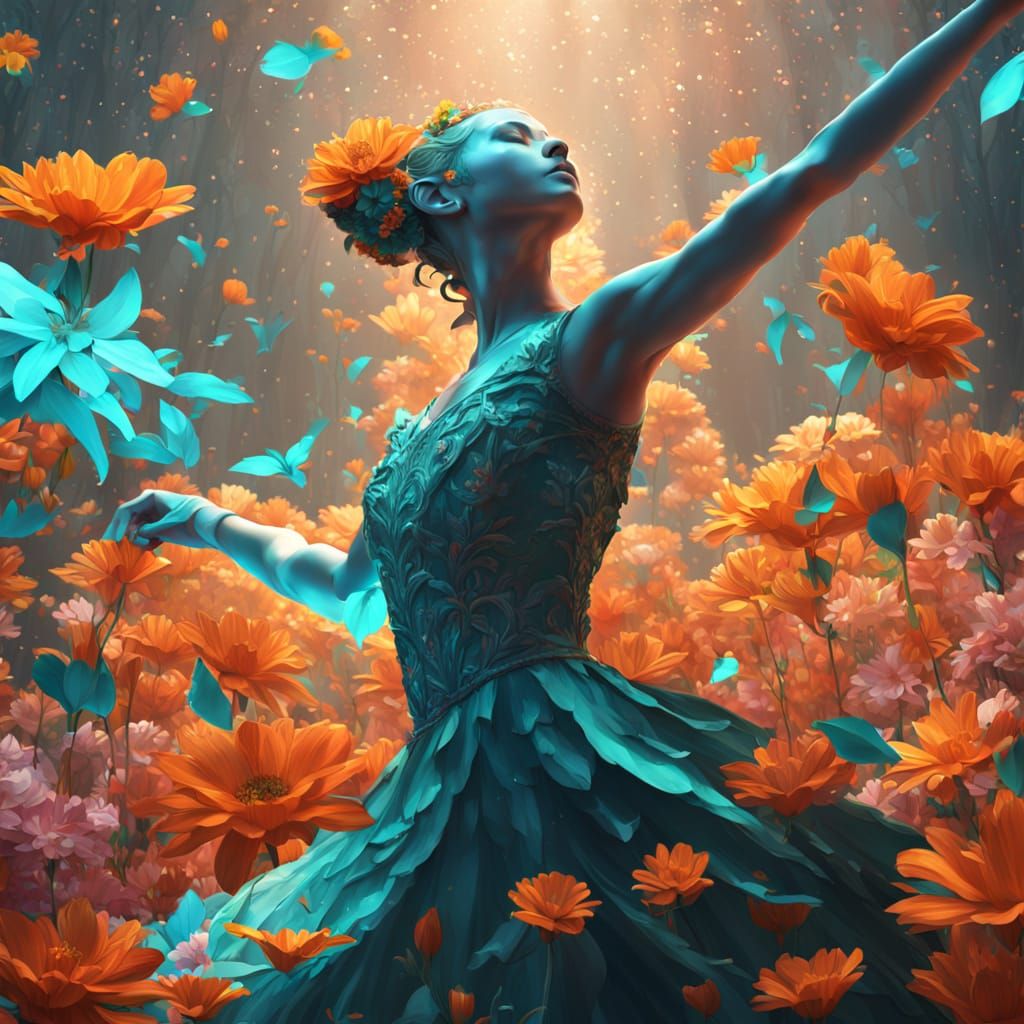 Ballerina Crafted from Flowers in Dynamic Lighting