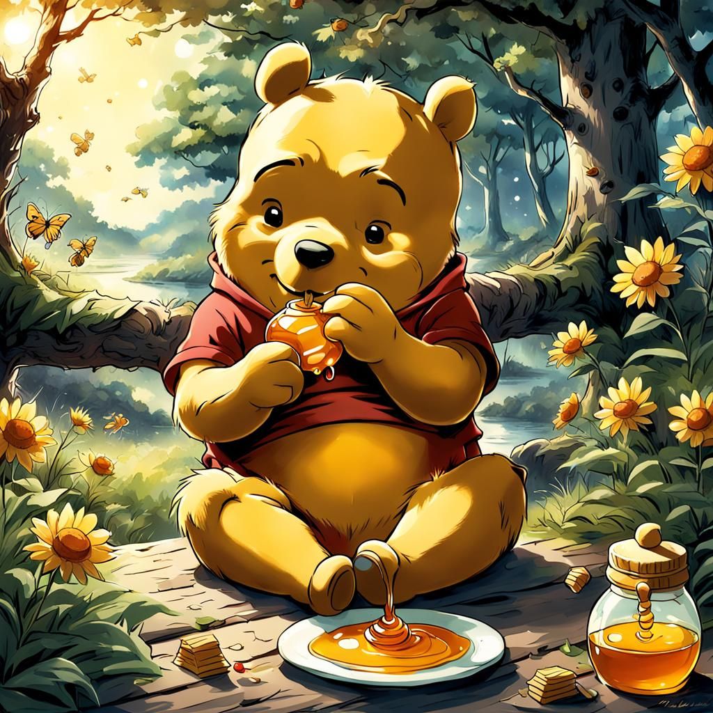 Winnie the Pooh Eating Honey in Anime Style