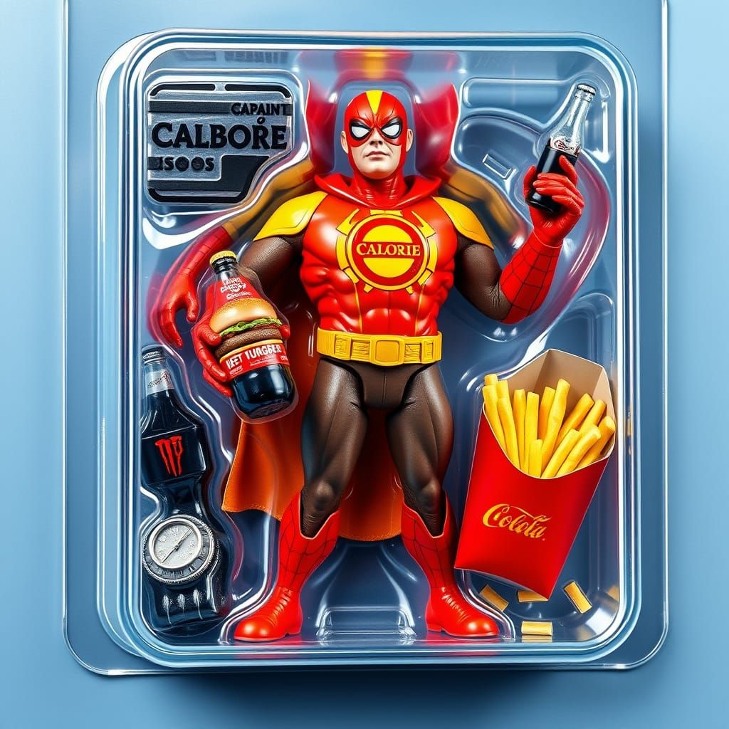 A ridiculous superhero in a plastic blister pack, with his p...