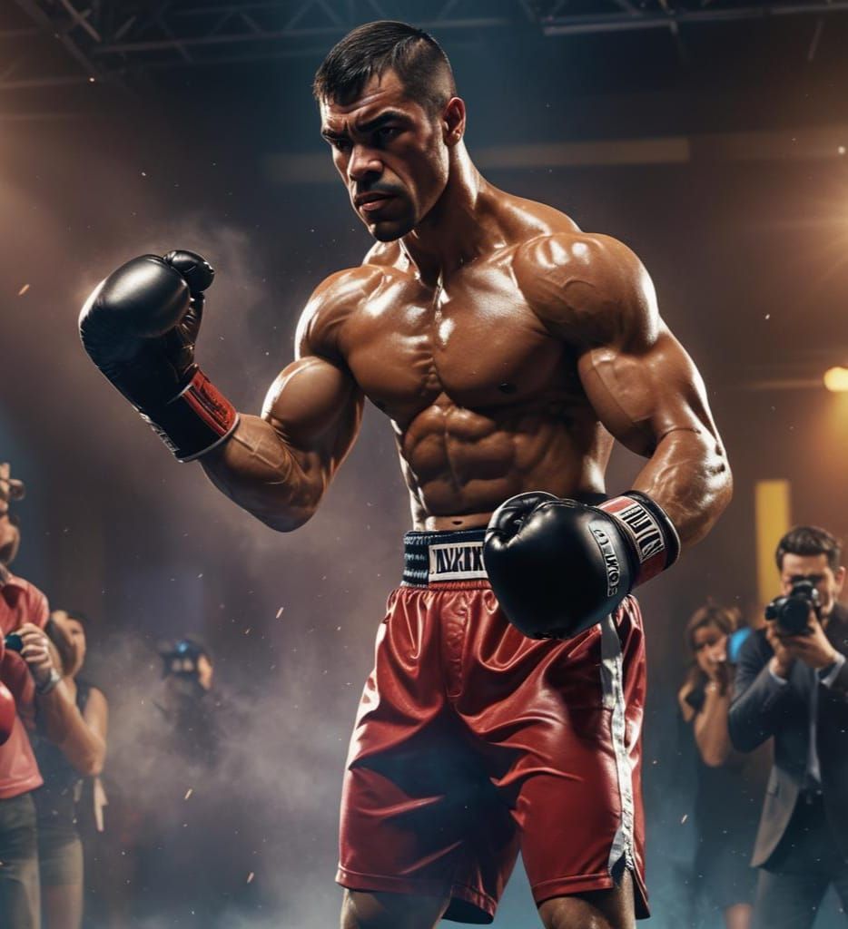 Overconfident Boxer Flexing Muscles in Hyperrealistic Style