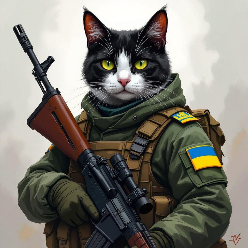 Patriotic Cat Soldier in Digital Painting Style