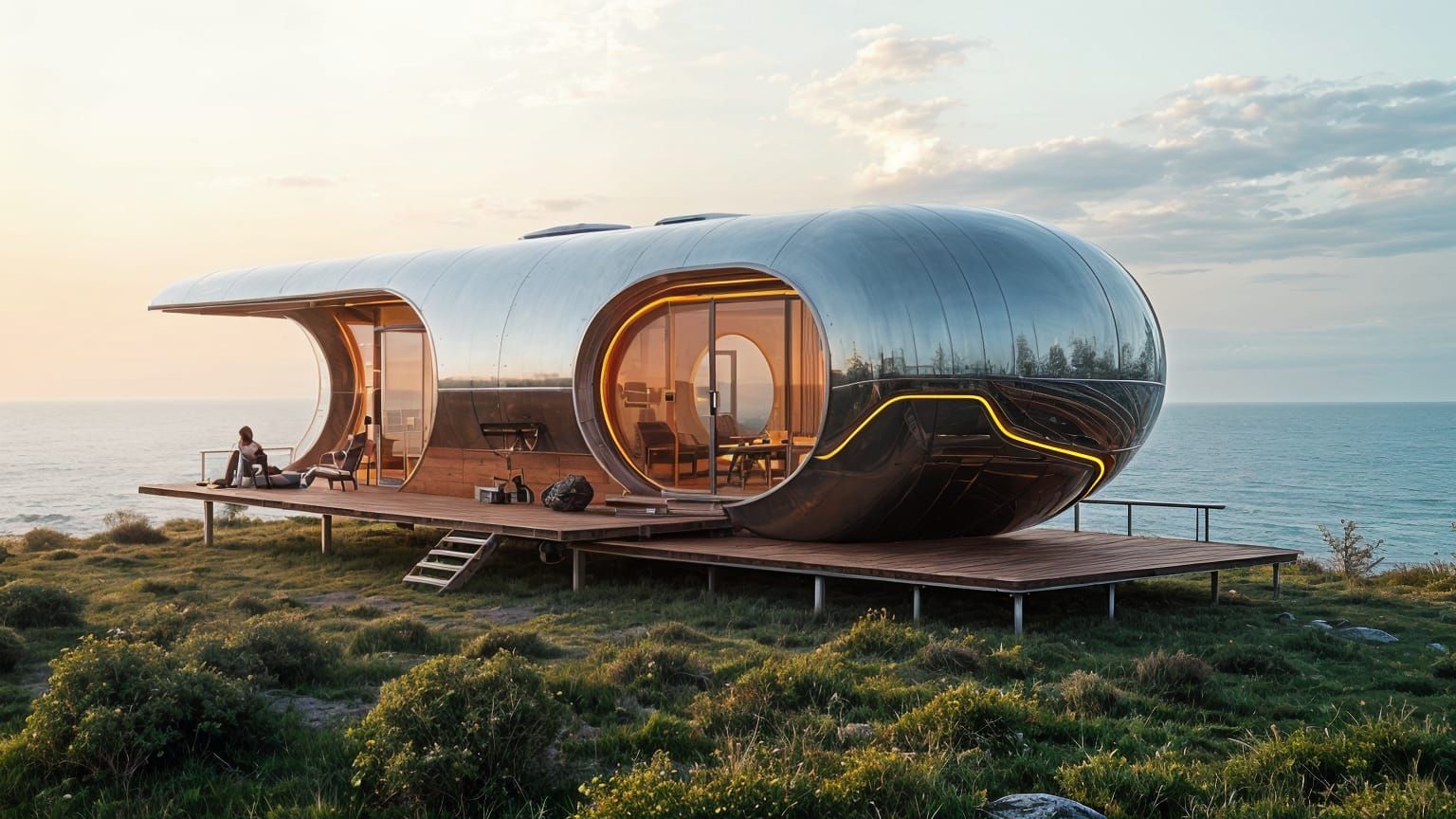 Sleek Futuristic Mobile Home on a Coastal Knoll