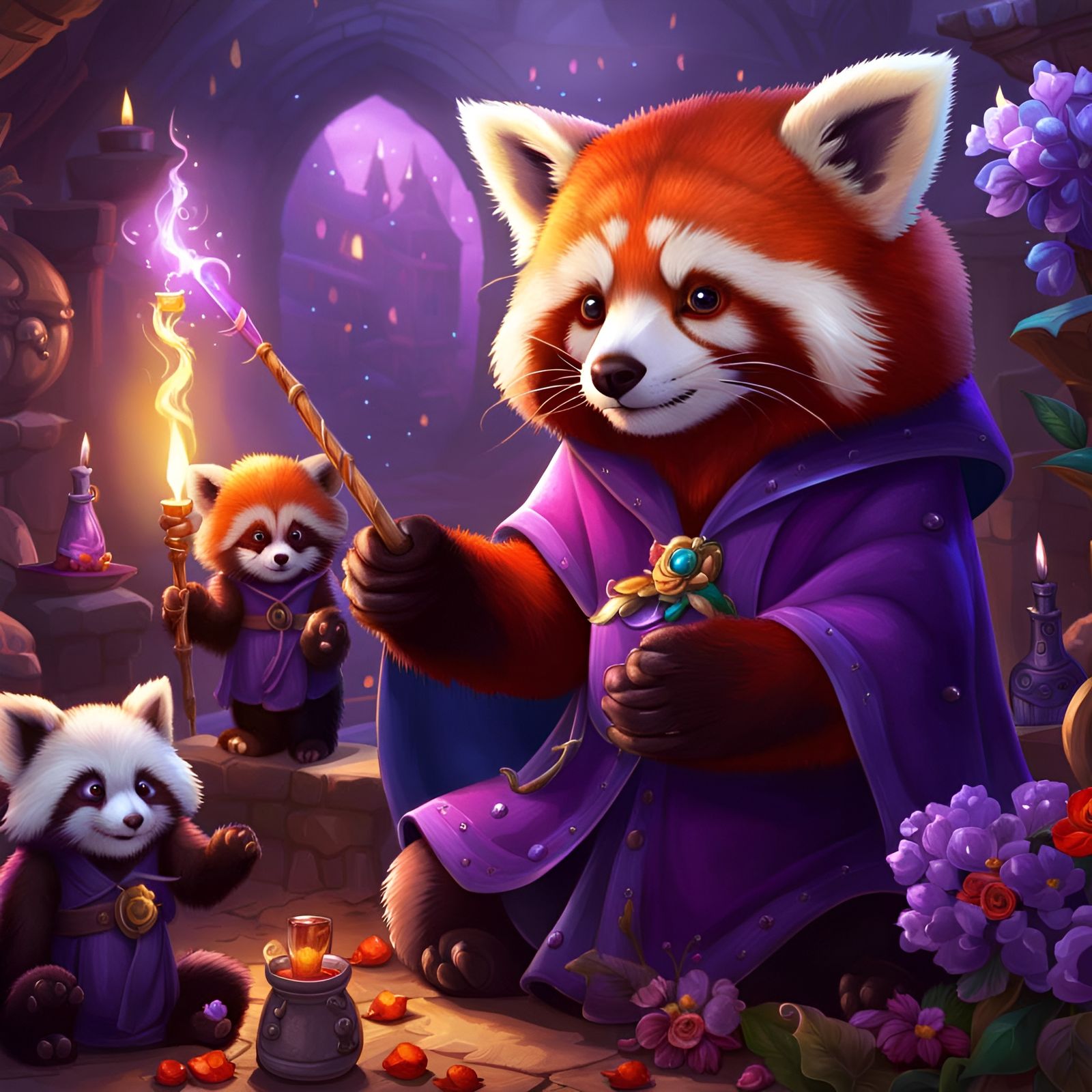 Cute Red Panda Wizard with Cubs!