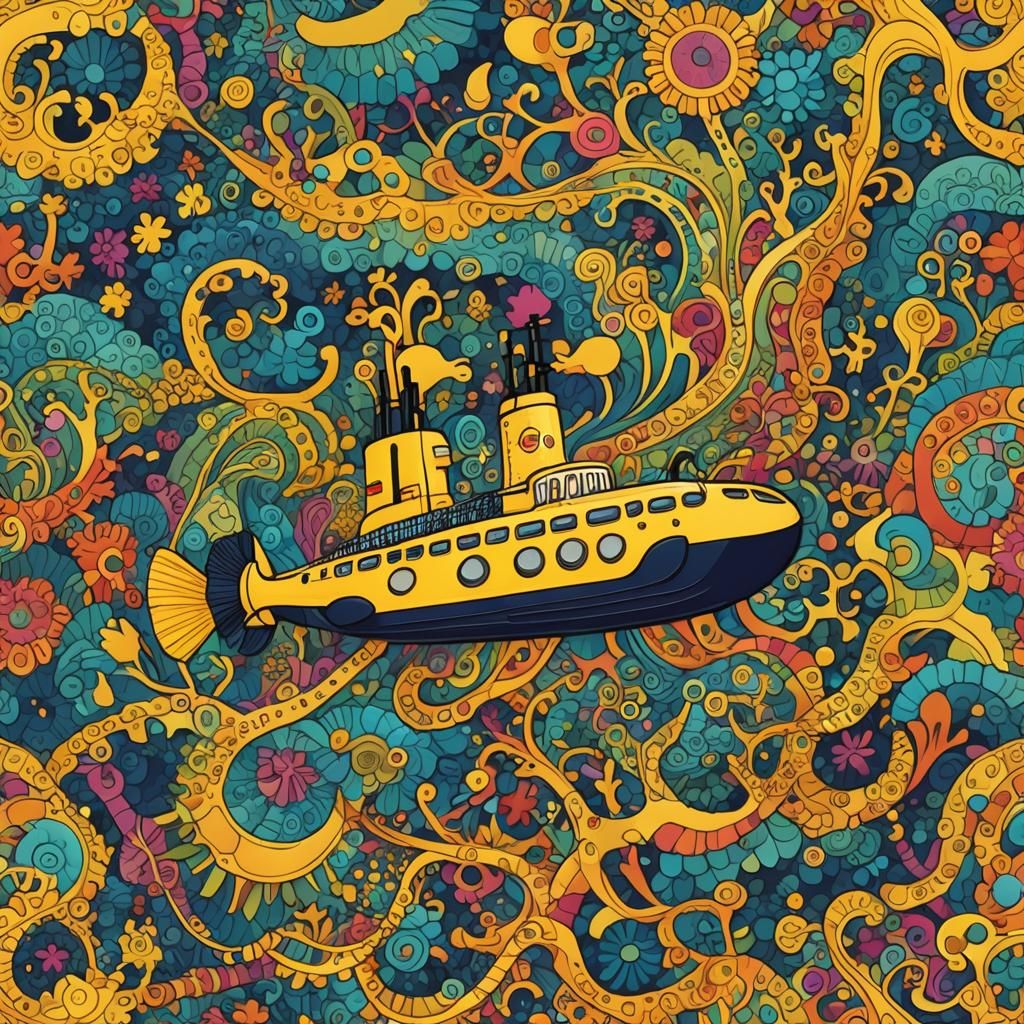Yellow Submarine Exploring Colorful Seabed in Abstract Style