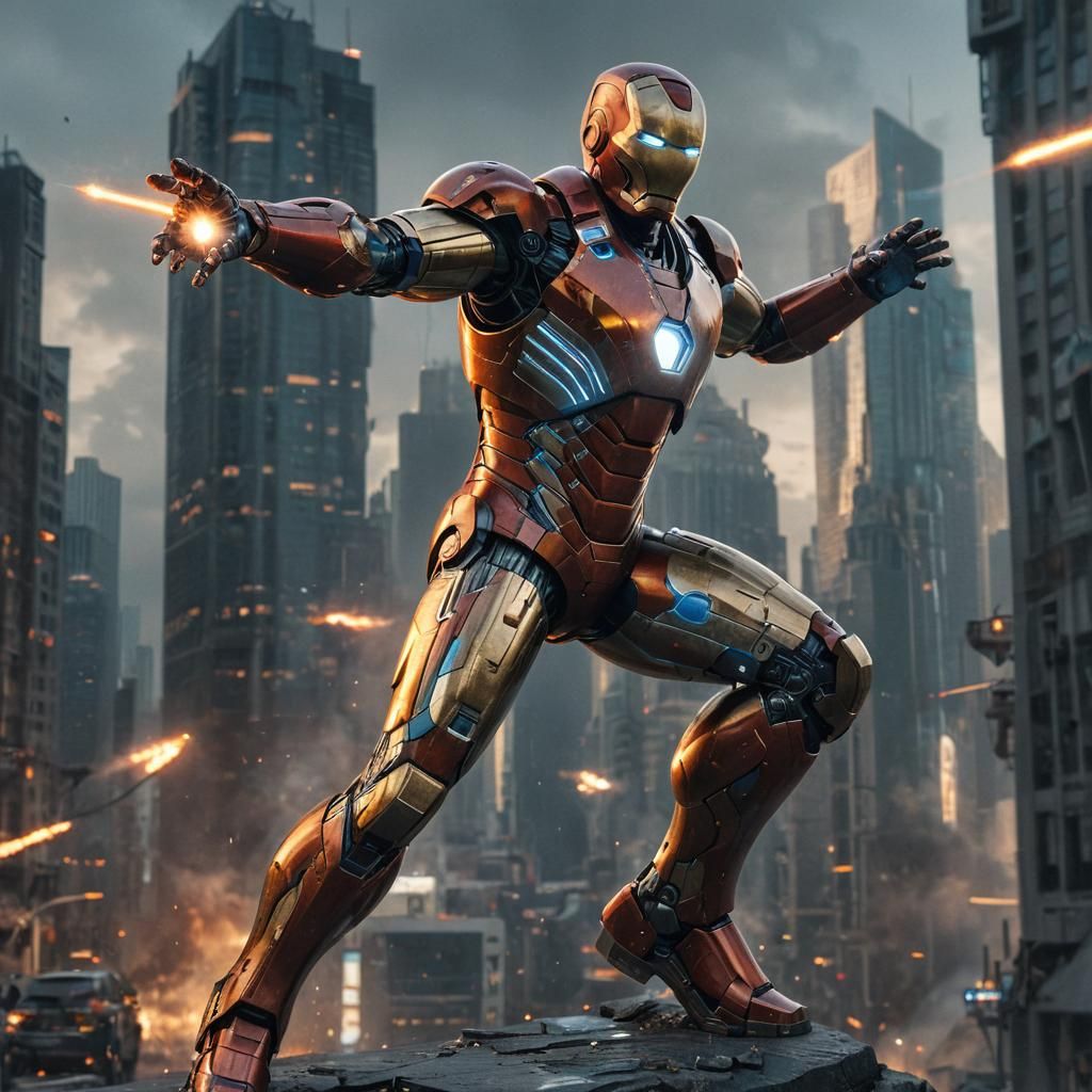 Hyper-Realistic Iron Man Concept Art in Cityscape